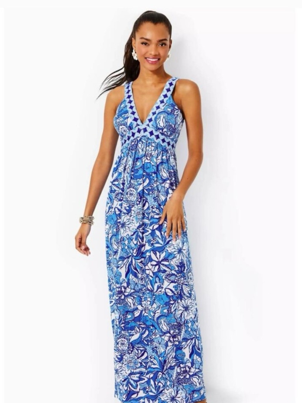 Lilly Pulitzer Serena V-neck Blue & White Floral Maxi Dress